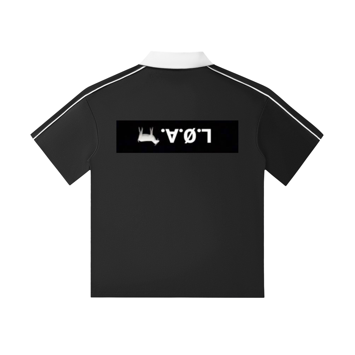 Back view of the Contrast Collar Polo Shirt featuring a bold logo on a black fabric with a white collar.